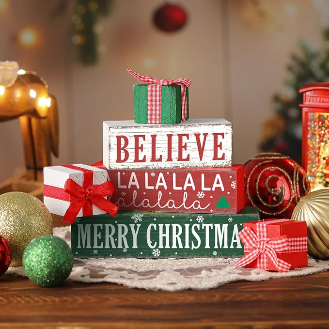 Geelin 4 Pieces Merry Christmas Wooden Table Decorations Xmas Wood Gift Boxes - Image 6