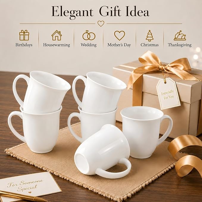 Fine Bone China Coffee Mugs Set of 6, 13 Oz White Tea Cups - Image 8