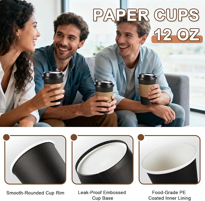 RAZCC 120 Pack 12 oz Paper Coffee Cups Set, Disposable Black Coffee Cups - Image 3