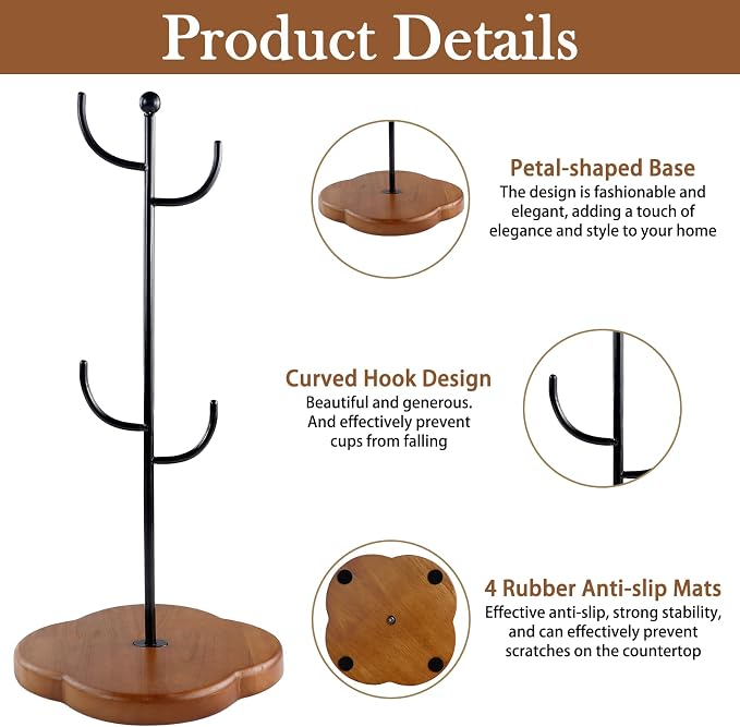 Coffee Mug Holder, Non-Slip 4 Hook Mug Rack, Metal & Wood, Modern & Elegant - Image 4