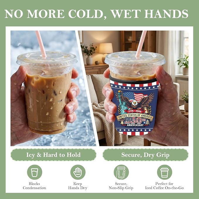 3 Pack Reusable Insulated Neoprene Iced Coffee Cup Sleeve 250th Anniversary USA - Image 9