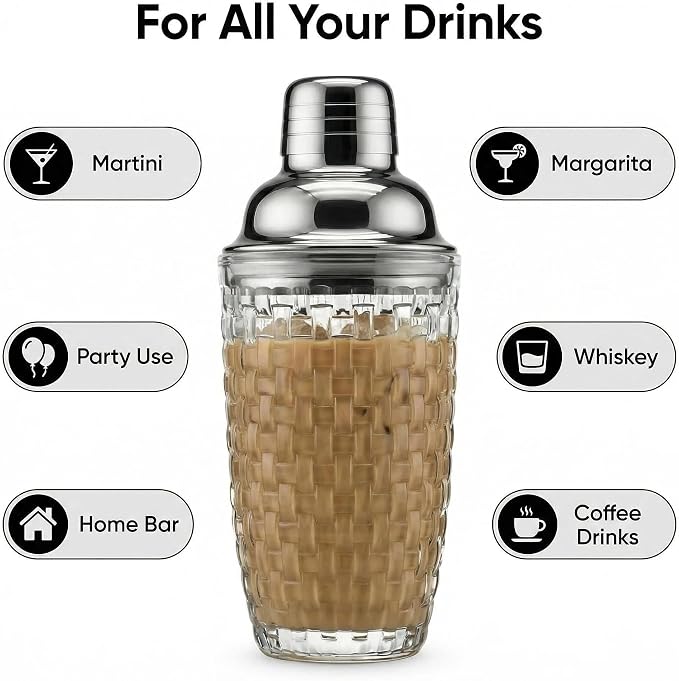 15oz Woven Embossed Glass Cocktail Shaker | Leakproof, Stainless Lid, Upgrated - Image 5