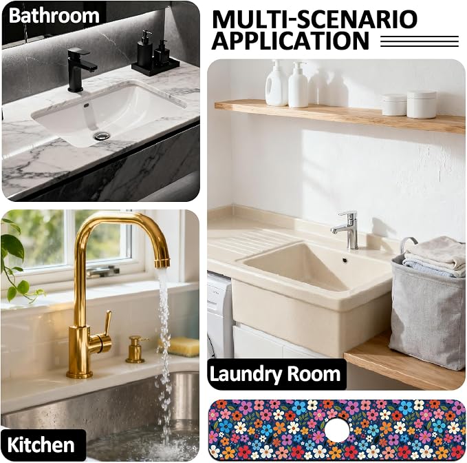 2 Pcs Floral Print Kitchen Sink Splash Guard Faucet Mat Plants Floral patterns - Image 7