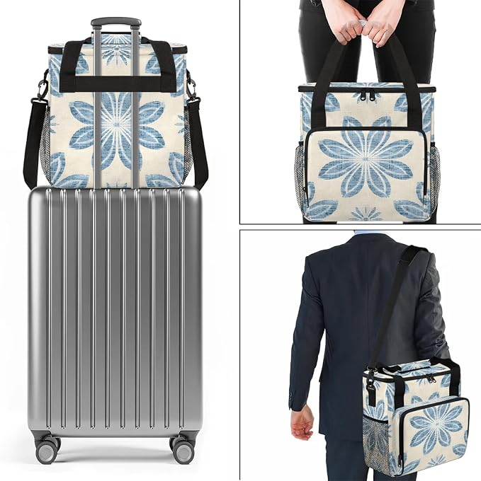 Ethnic Blue Flower Coffee Maker Carring Bag, Large Insulated Storage Organizer - Image 7