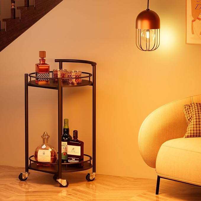 Bar Cart Black Rolling Cart for Home, 2 Tiers Bar Serving Cart Round Wine Cart - Image 8