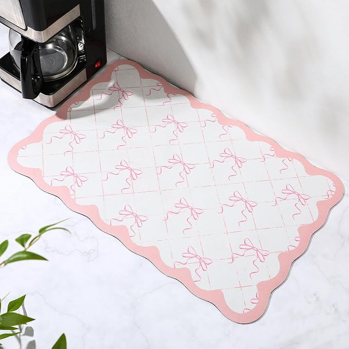Reallnaive Scalloped Bow Coffee Bar Mats 23.6x15.7inch Pink Absorbent Bar Mat by Unknown