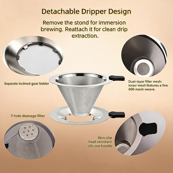 2-in-1 Immersion & Pour Over Coffee Maker, Reusable Stainless Steel Pour Over - Image 5