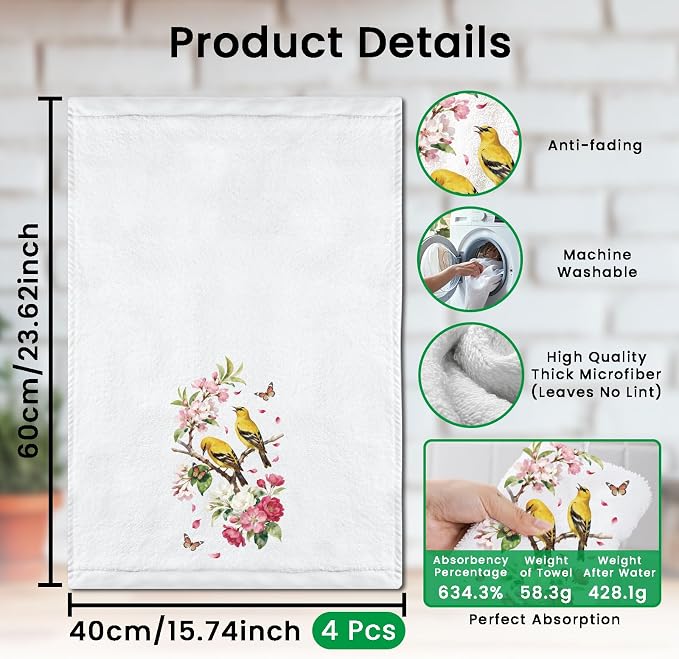 CUTHOLLOW Bird and Flower Decorative Kitchen Towels Set of 4, 15.74"x23.62" - Image 2