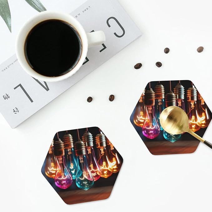 Drink Coasters with Holder A String of Colored Light Bulbs Leather Coasters - Image 5
