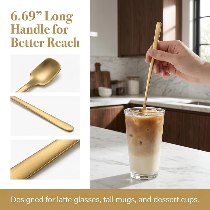 Gold Coffee Spoons Set of 4, 6.69-Inch Long Handle Square Espresso Spoons | - Image 3