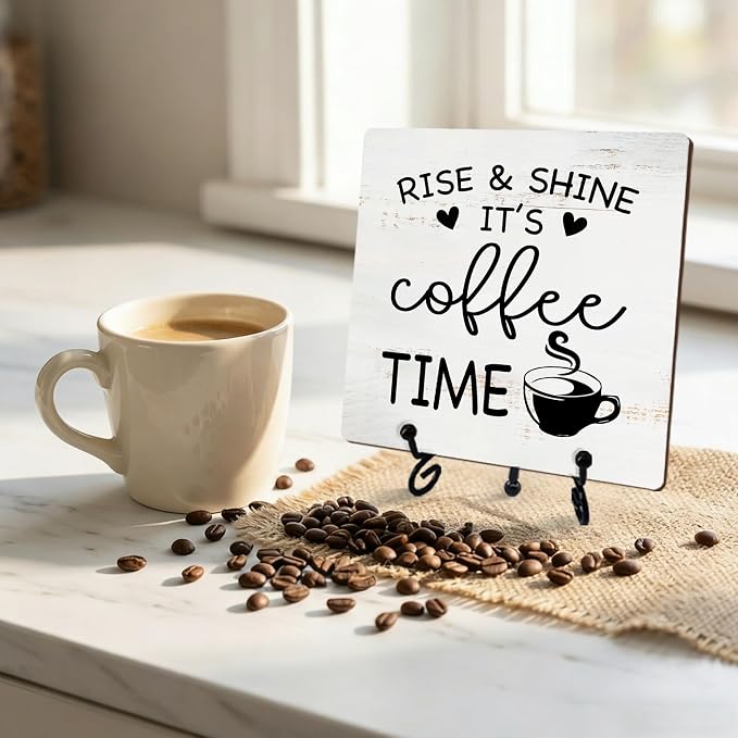 Minimalism Coffee Bar Decor, Rise & Shine It's Coffee Time Wood Plaque - Image 5