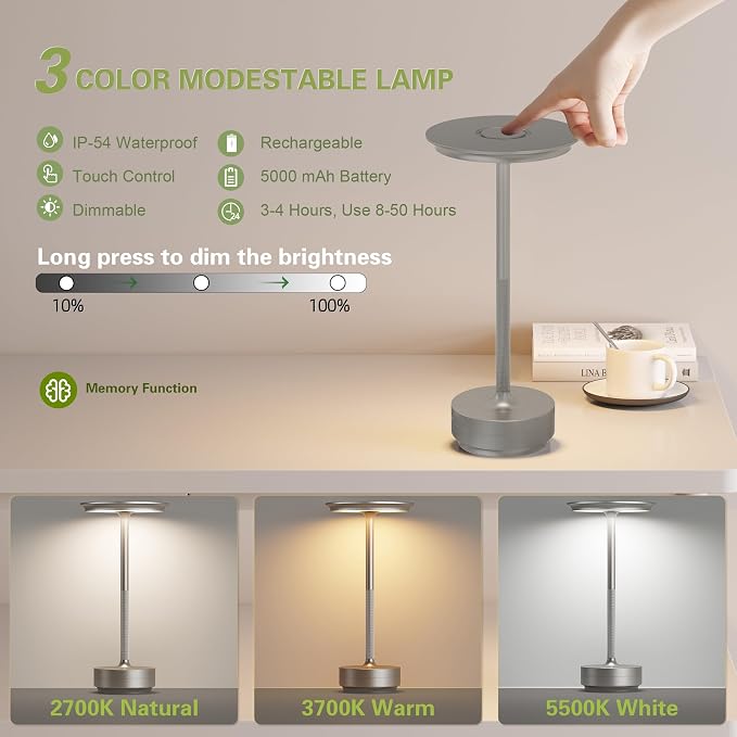 LED Cordless Table Lights Set of 2, Built-in 5000mAh Battery Rechargeable - Image 2