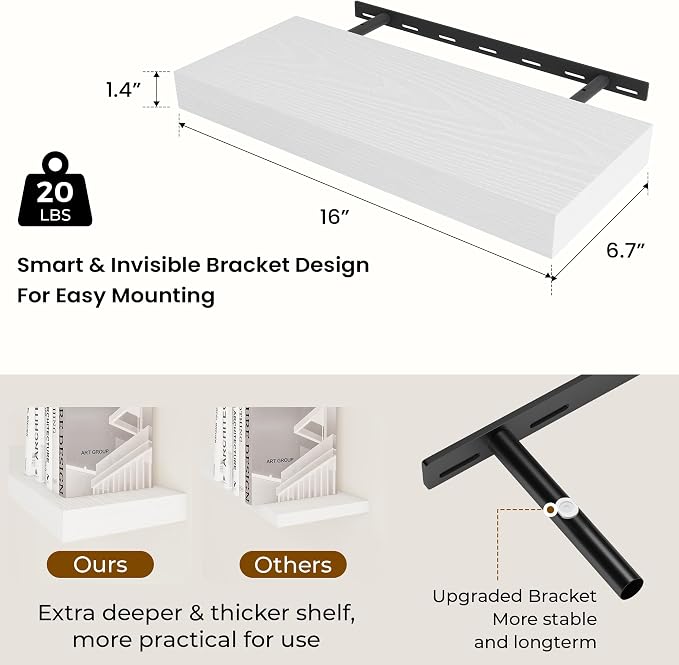 Dreamland 16 Inch Long Floating Shelves in White, 6.7 Inch Deep Floating Shelf - Image 2
