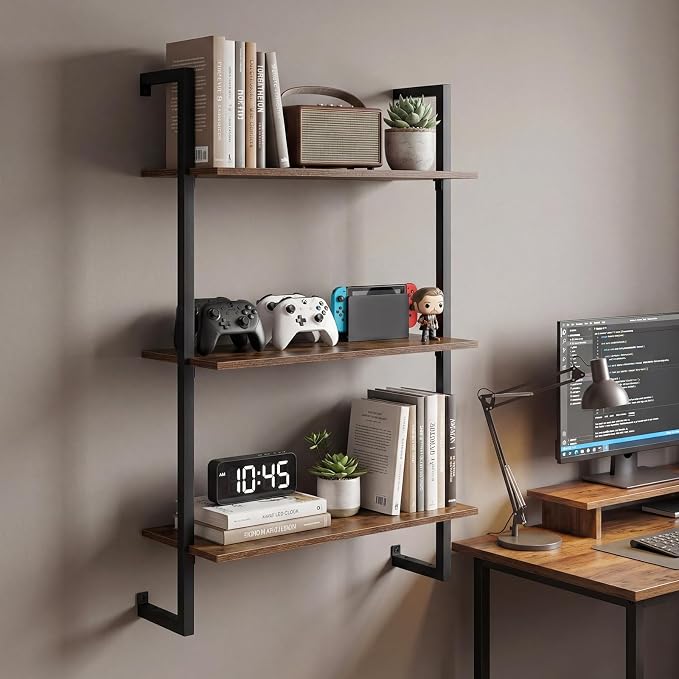 Giantex 3-Tier Wall-Mounted Bookshelf Set of 2, Industrial Floating Storage - Image 2