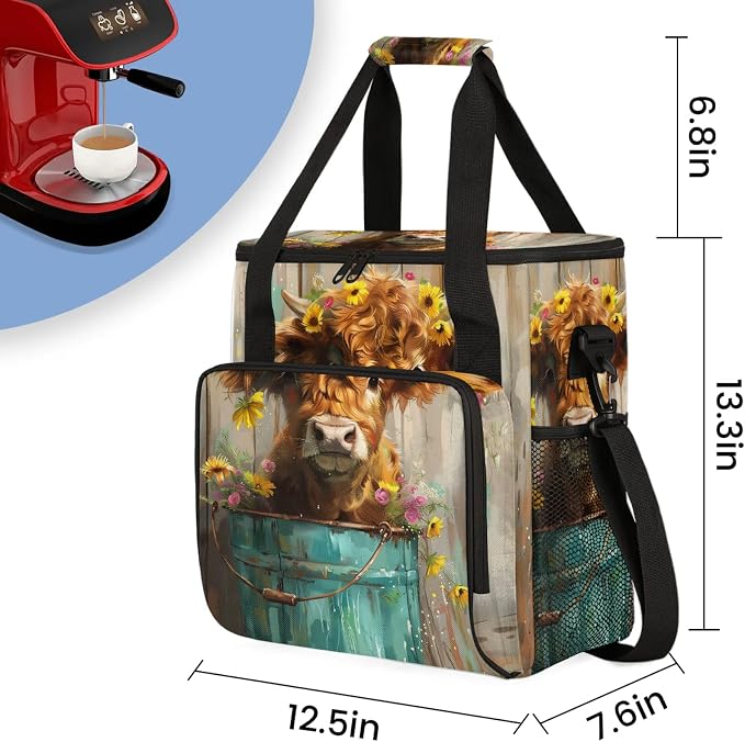 Highland Cow Wood Print Coffee Maker Carring Bag, Large Insulated Storage - Image 2