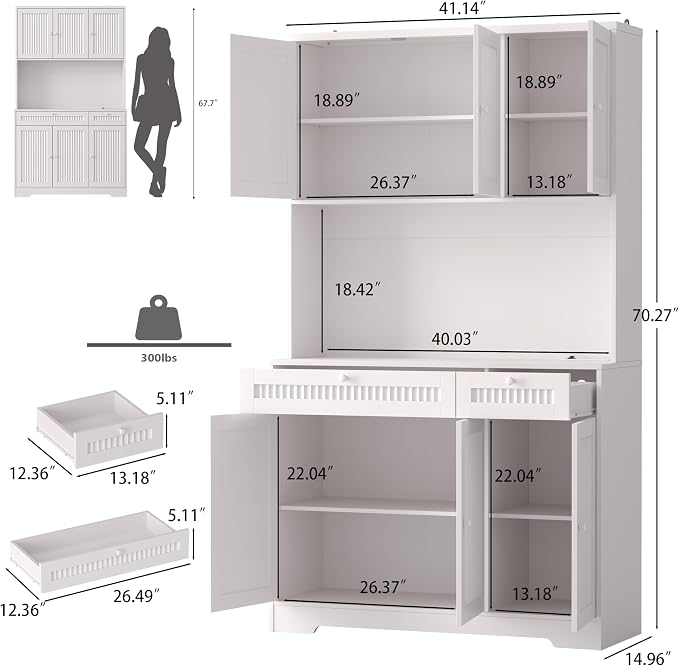 Pantry Storage Cabinet with Charging Station, Kitchen Storage with Adjustable - Image 2
