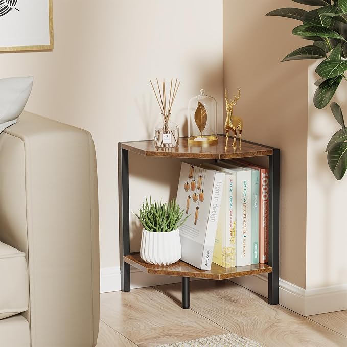 Creso hom Corner Shelf Stand, 2 Tier Industrial Corner Bookshelf, Rustic Brown - Image 2