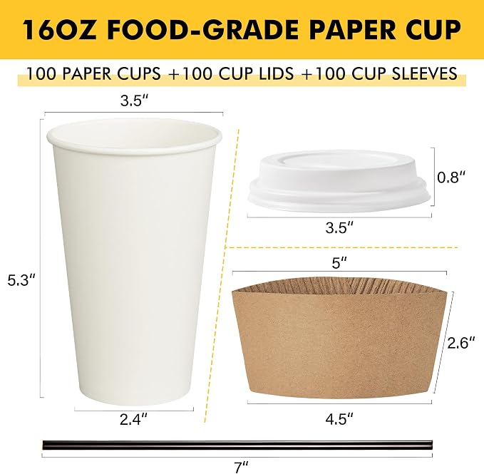 RACETOP 16 oz Paper Coffee Cups, 100 Pack Disposable Coffee Cups - Image 2