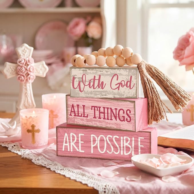 Lineshading 4 Pcs Christian Table Decor Pink Rustic Wooden Block Sign Set - Image 2