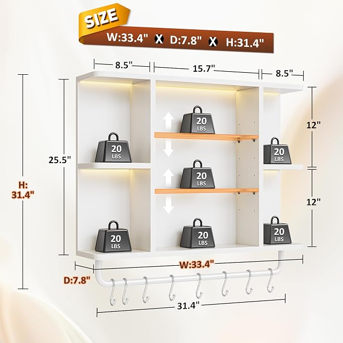 REIBII Floating Shelves with LED Lights, 7-Tier Wood Shelf, Wall Mounted - Image 2