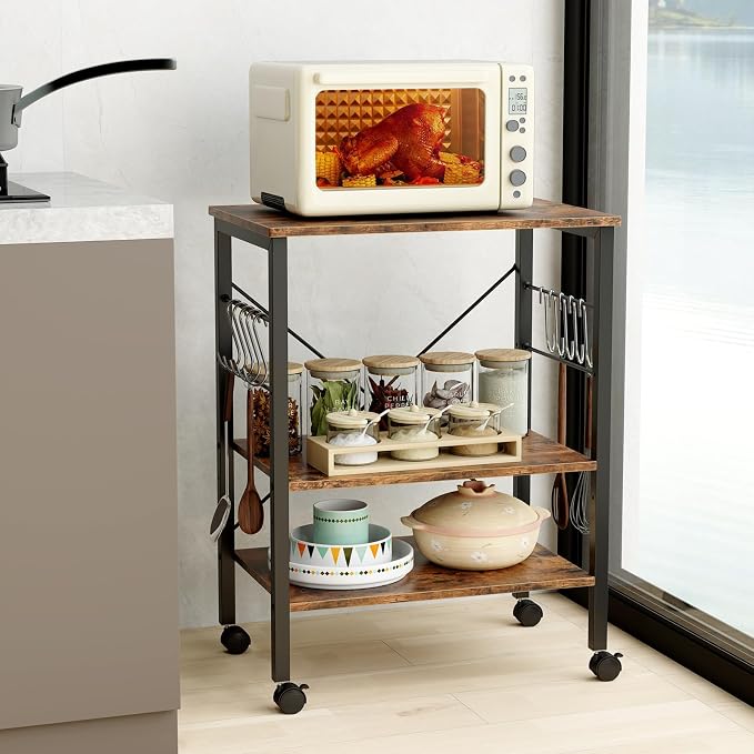 Giantex Kitchen Bakers Rack 3-Tier Microwave Cart on Wheels, Industrial Utility - Image 2