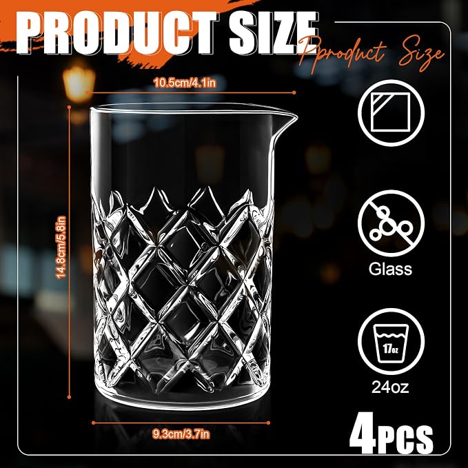 Dandat 4 Pcs Cocktail Mixing Glass 24 oz Crystal Stirring Glass Thick Bottom - Image 2
