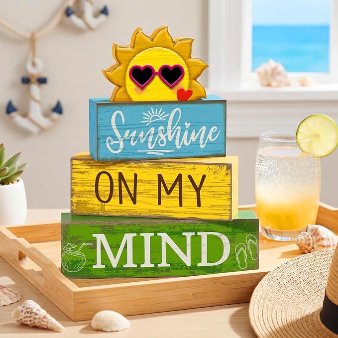Lineshading 4 Pcs Summer Table Decor Wooden Sunshine Beach Tiered Tray Decor - Image 6
