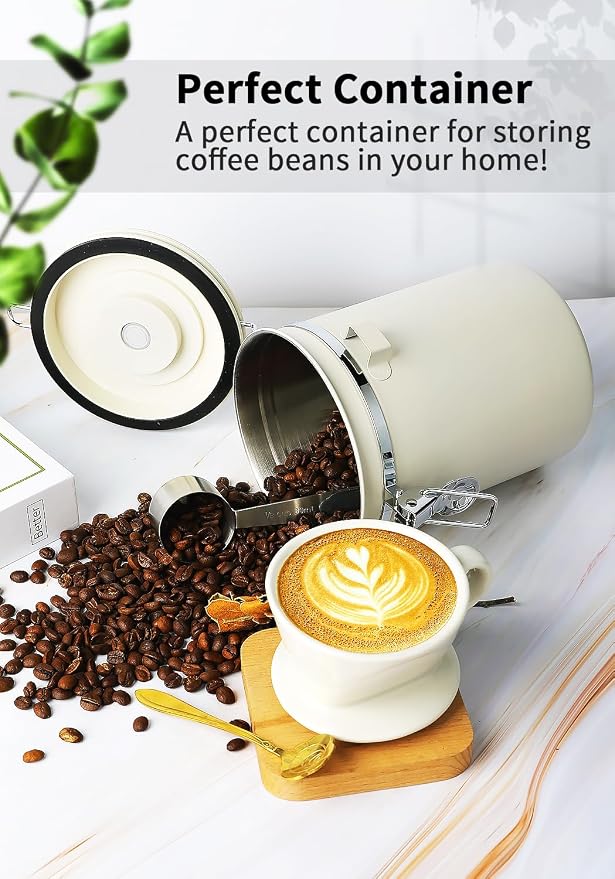 Coffee Canister with Airtight Lid, 60 fl oz White, Stainless Steel Air Tight - Image 6