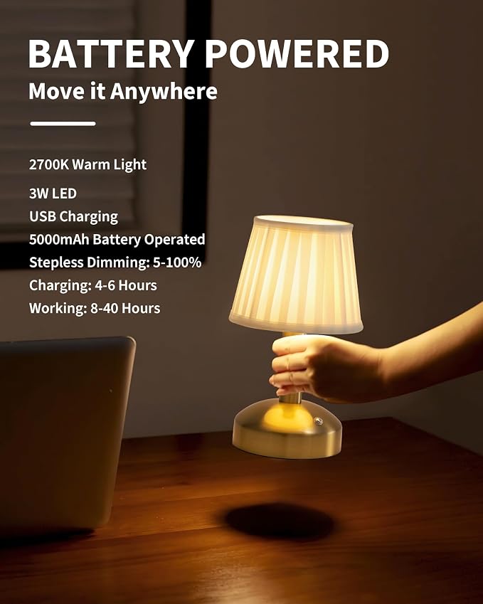 KDG Modern Cordless Small Table Lamp, Portable LED Fabric Shade Desk Lamps - Image 4