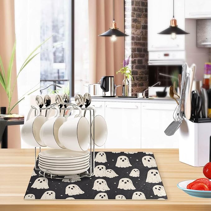 Cute Halloween Ghost Black Coffee Mat Coffee Bar Maker Backed Absorbent Nonslip - Image 6