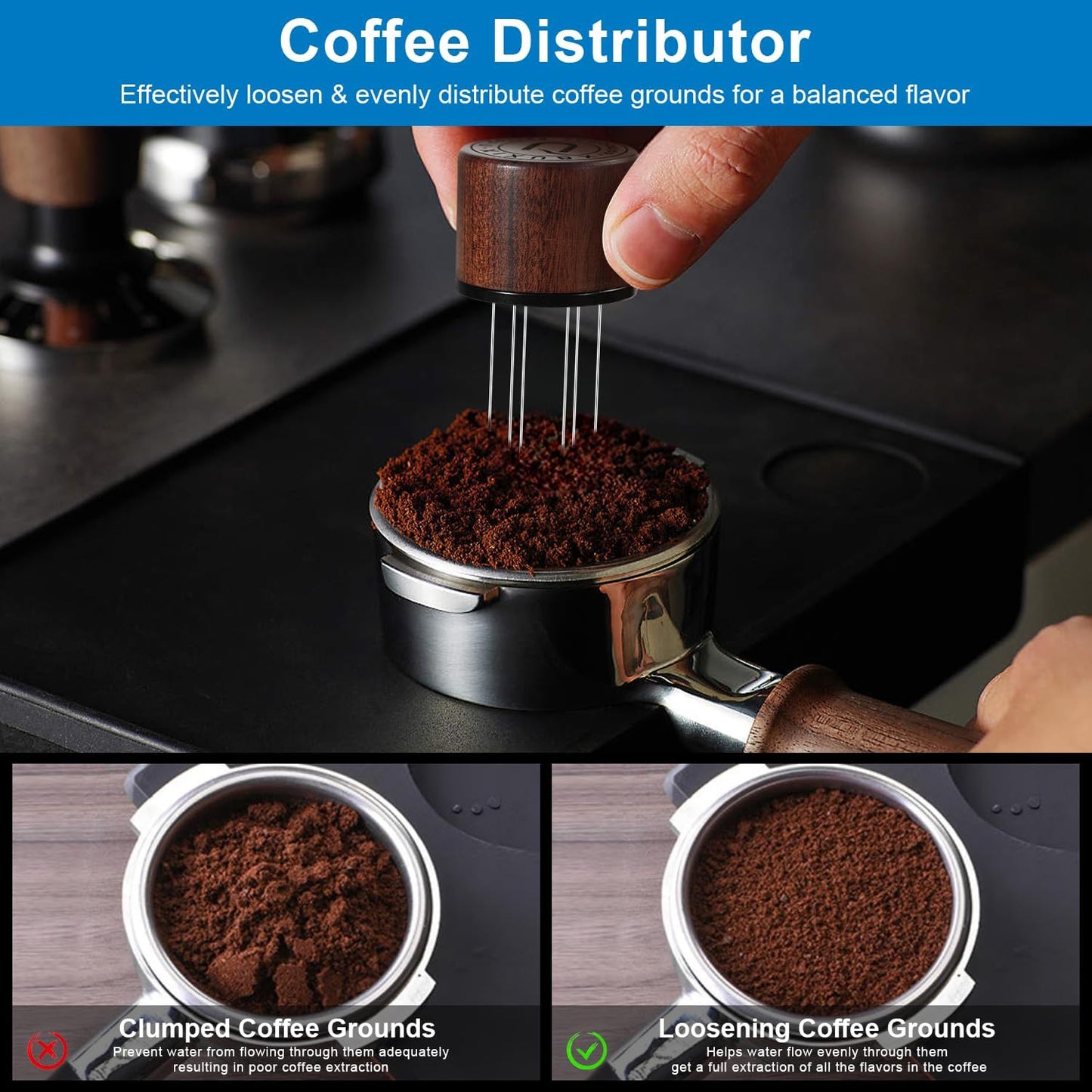 53mm Espresso Tamper & Magnetic WDT Tool, Barista Cofee Tamper with Spring Loaded, Anodized Aluminum Alloy Handle, Stainless Steel Corrugated Base with Cover for Portafilter Basket