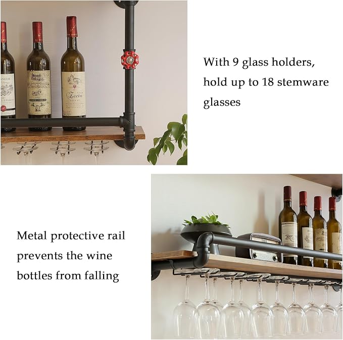41 Inch Wine Rack Wall Mounted 2 Tier, Hanging Floating Bar Liquor Shelves - Image 3