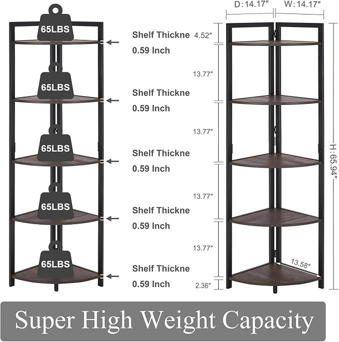 FATORRI Rustic Tall Corner Shelf, 5 Tier Industrial Corner Bookshelf - Image 2