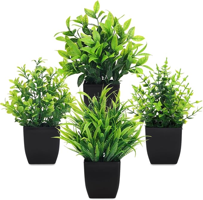 CEWOR Fake Plants 4 Packs Small Artificial Greenery Plants Mini Black Bathroom by CEWOR