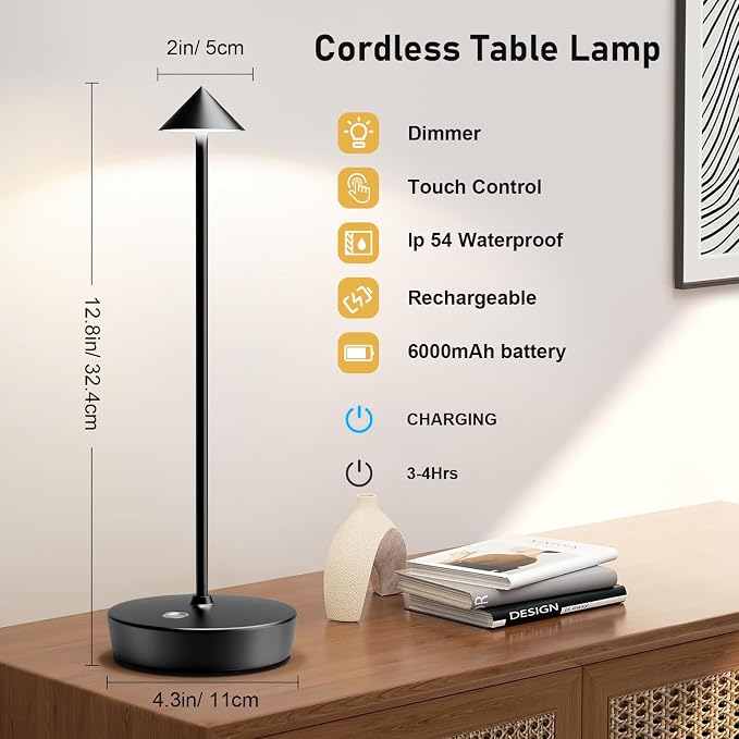 Rechargeable Cordless Table Lamp, 6000mAh LED Battery Operated Desk Lamp Touch - Image 2