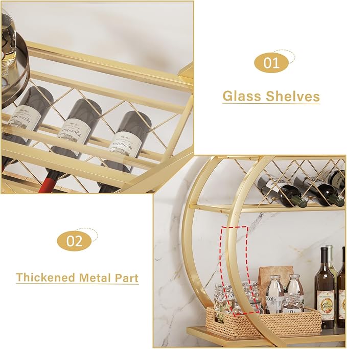 LVB Gold Bar Cart with Glass, Bar Cart with Wheels, Wine Cart with 2 Tier - Image 9