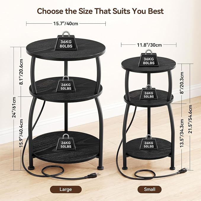Round Side Table with Power Outlet & USB Ports, 3-Tier End Table with Storage - Image 3
