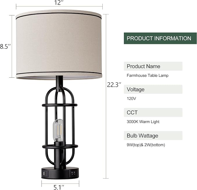 Reaketon Black Table Lamps for Living Room Set of 2, 22.3" Farmhouse Lamps for - Image 8