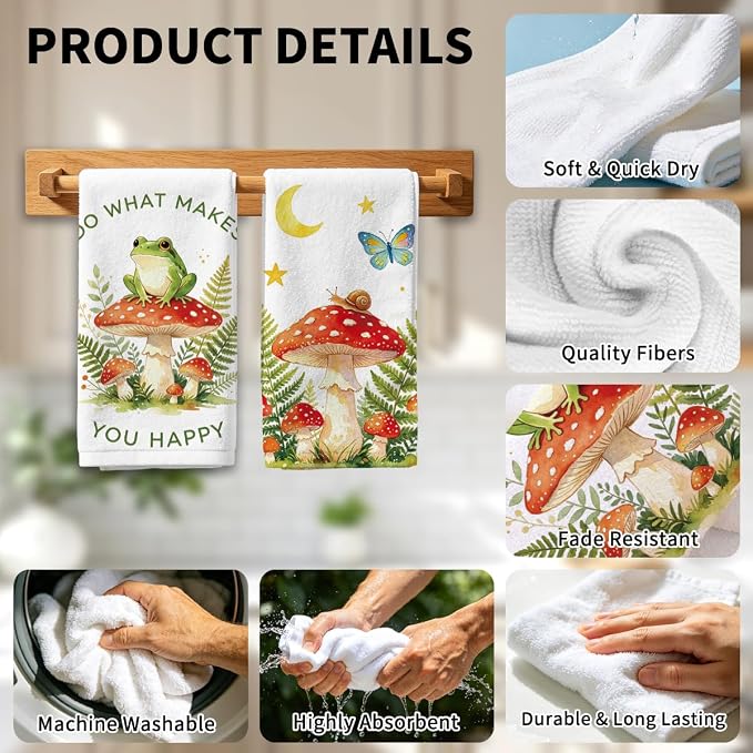 MAYJOYDIY 4 Pcs Frog Mushroom Kitchen Towels Butterfly Microfiber Dish Towel - Image 4