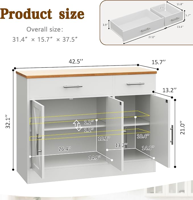 Vongrasig Buffet Cabinet with Storage, 43” Farmhouse Coffee Bar Cabinet with 3 - Image 2