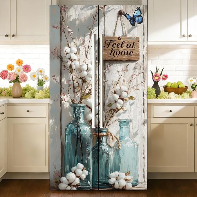 2 Pcs Rustic Farmhouse Floral Refrigerator Wraps, Self-Adhesive Feel at Home by GOMAKERER