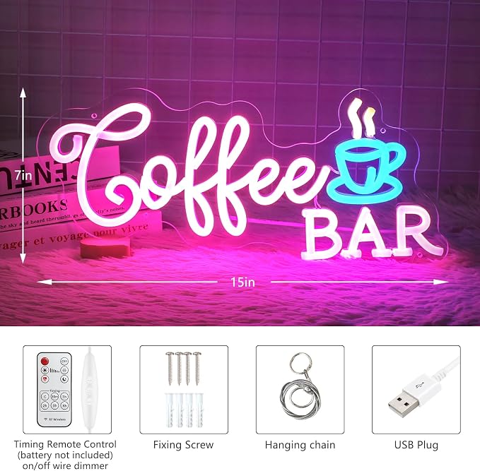 Coffee Bar Neon Sign, Dimmable Pink Blue Coffee LED Sign, 5V USB Powered Cafe - Image 9