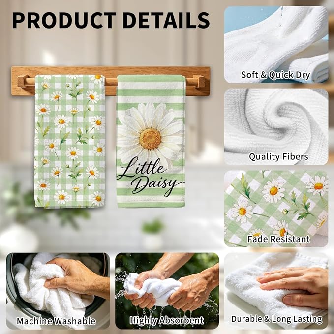 MAYJOYDIY 4 Pcs Daisy Flower Kitchen Towels 26x17.7Inch Green Gingham Check - Image 4