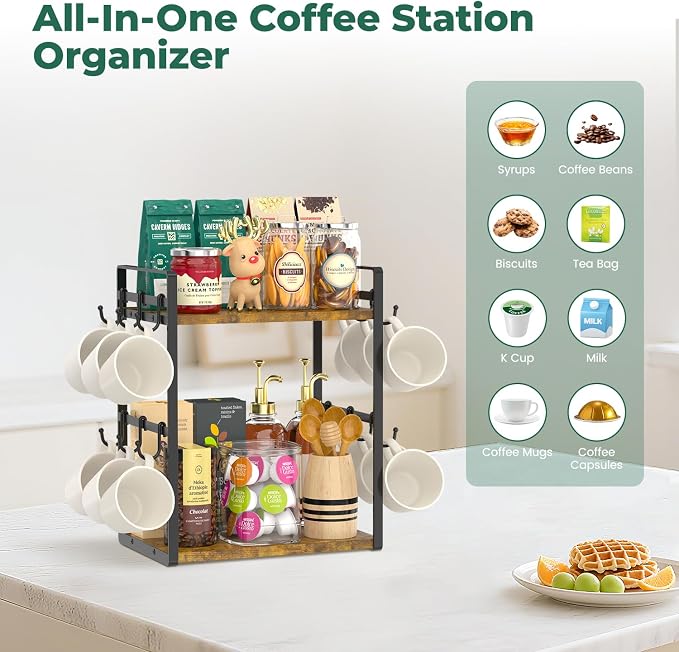 EsLuker.ly 2 Tier Coffee Mug Holder Station Bar Organize Countertop, Mug Cup - Image 3