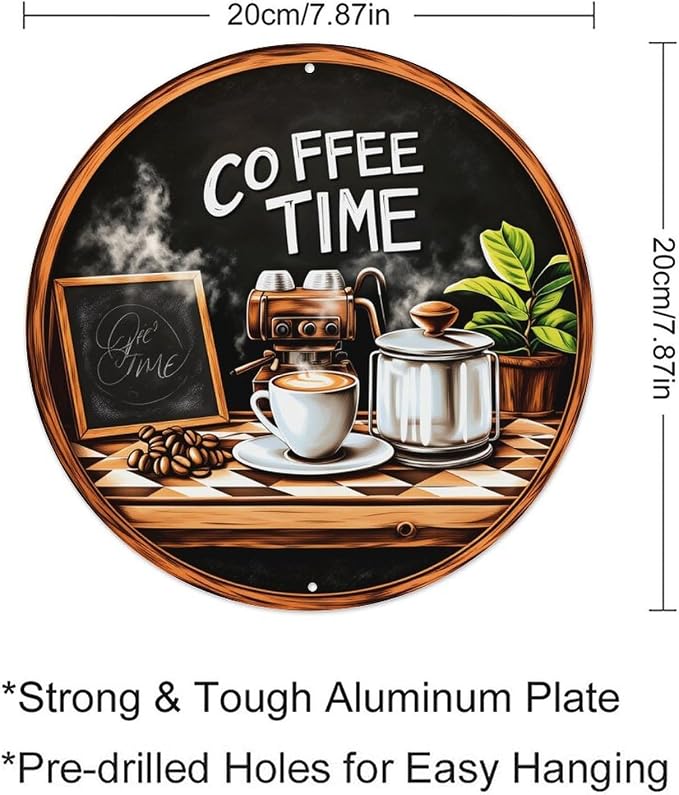 Coffee Time Chalkboard Coffee Maker Cup Beans Plant Round Tin Sign Vintage - Image 2