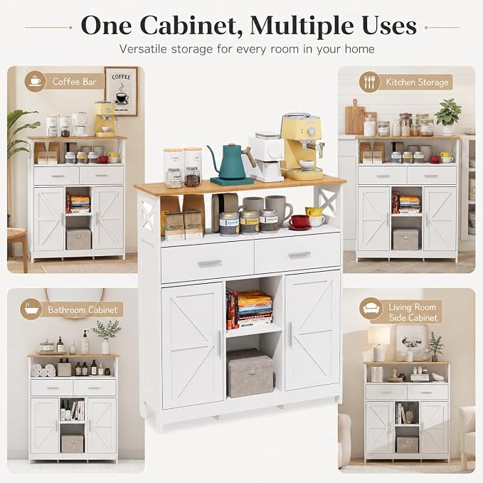 Coffee Bar Cabinet with Storage, 35.4" Kitchen Storage Cabinet with 2 Drawers - Image 5