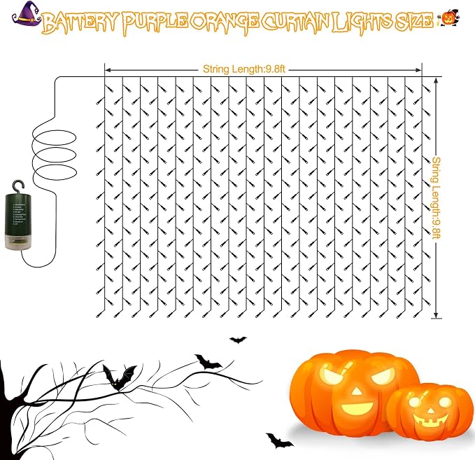 Halloween Battery Curtain Lights Purple Orange - Image 7