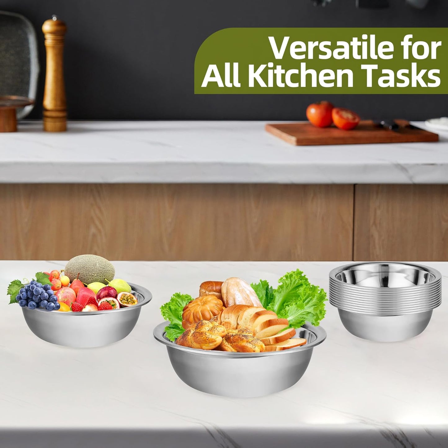 10 Pcs 11 x 3 Inch Stainless Steel Mixing Bowls for Bulk Food Prep with Nesting Design for Hotel Restaurant and Home Kitchen Cooking in Silver
