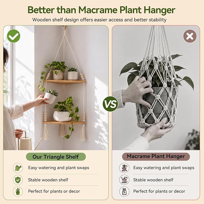 Artilady Macrame Wall Hanging Corner Shelf 2-Tier, Adjustable Boho Stable - Image 4