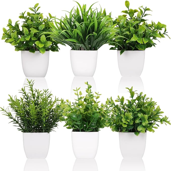 Yoratee 6 Pot Small Fake Plant Flowerpot Artificial Plastic Eucalyptus Plant by Yoratee